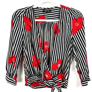 Madewell Striped Cherry Blossom Faux Wrap Tie Long Sleeve Cottage Goth Blouse